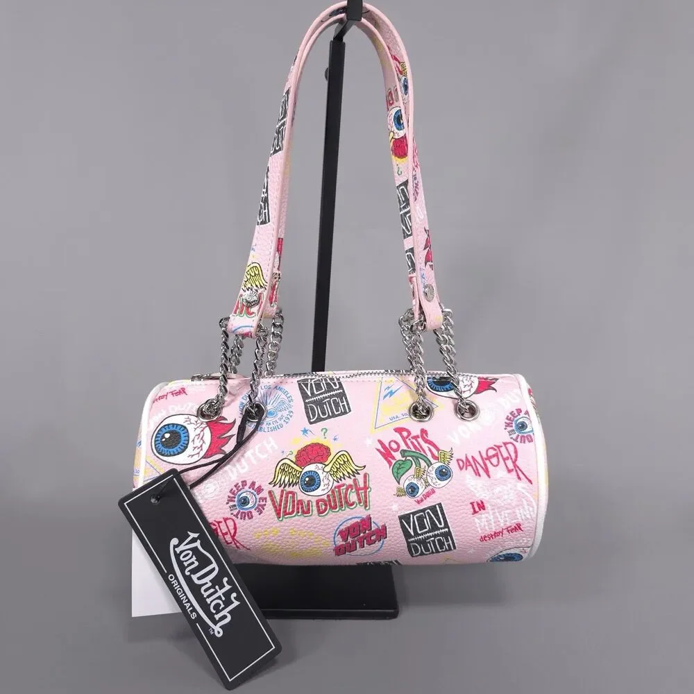 VON DUTCH New Shoulder Barrel Bag Pink Jax Logo Purse Handbag Faux Leather
